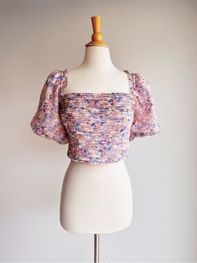 ASTR The Label Floral Smocked Puff Sleeve Crop Top Pastel Romantic M